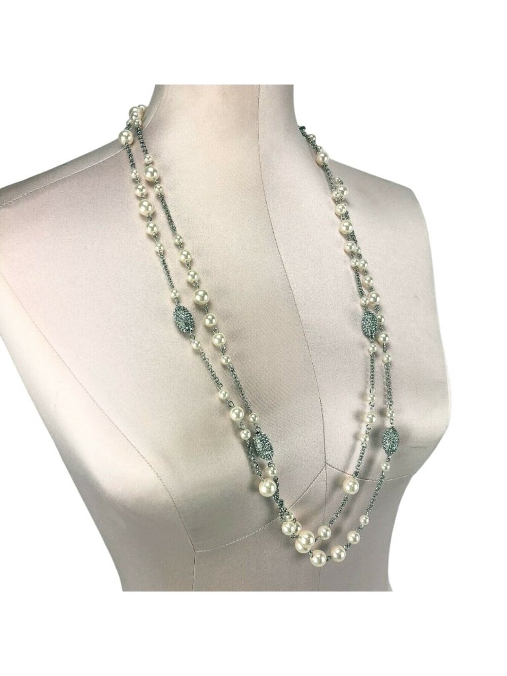 Occasion Necklace 32.5"-35.5" Silver-Tone Long Double Faux Pearl & Rhinestones